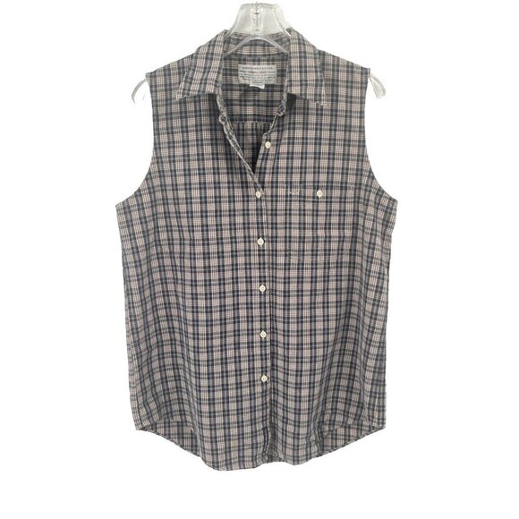 Vintage Abercrombie & Fitch Blue Plaid Button Down Sleeveless Top Collared Sz L - Picture 1 of 4